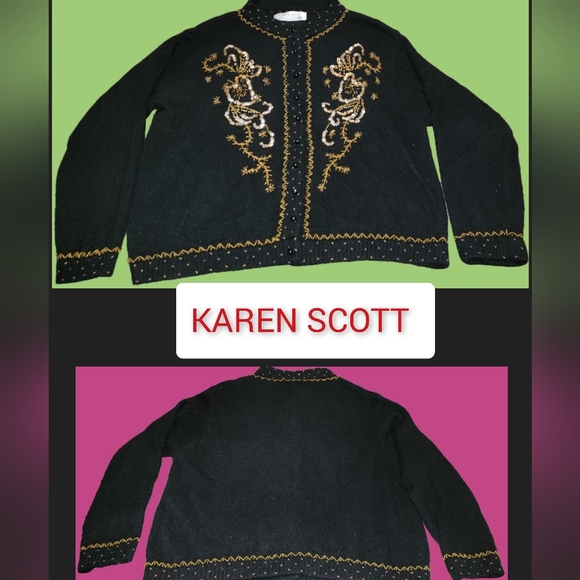 Karen Scott Sweaters - #017 Karen Scott- Black Sequined Front Button-up Sweater Cardigan- Sz. XL